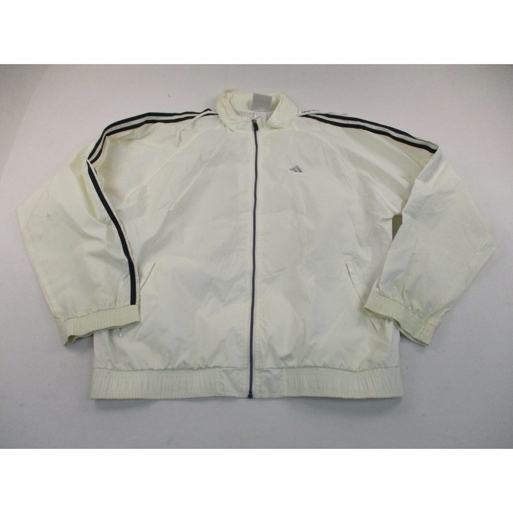 Adidas Windbreaker Jacket Men XL Cream Vintage 3-Stripe Stowaway Hood 9578